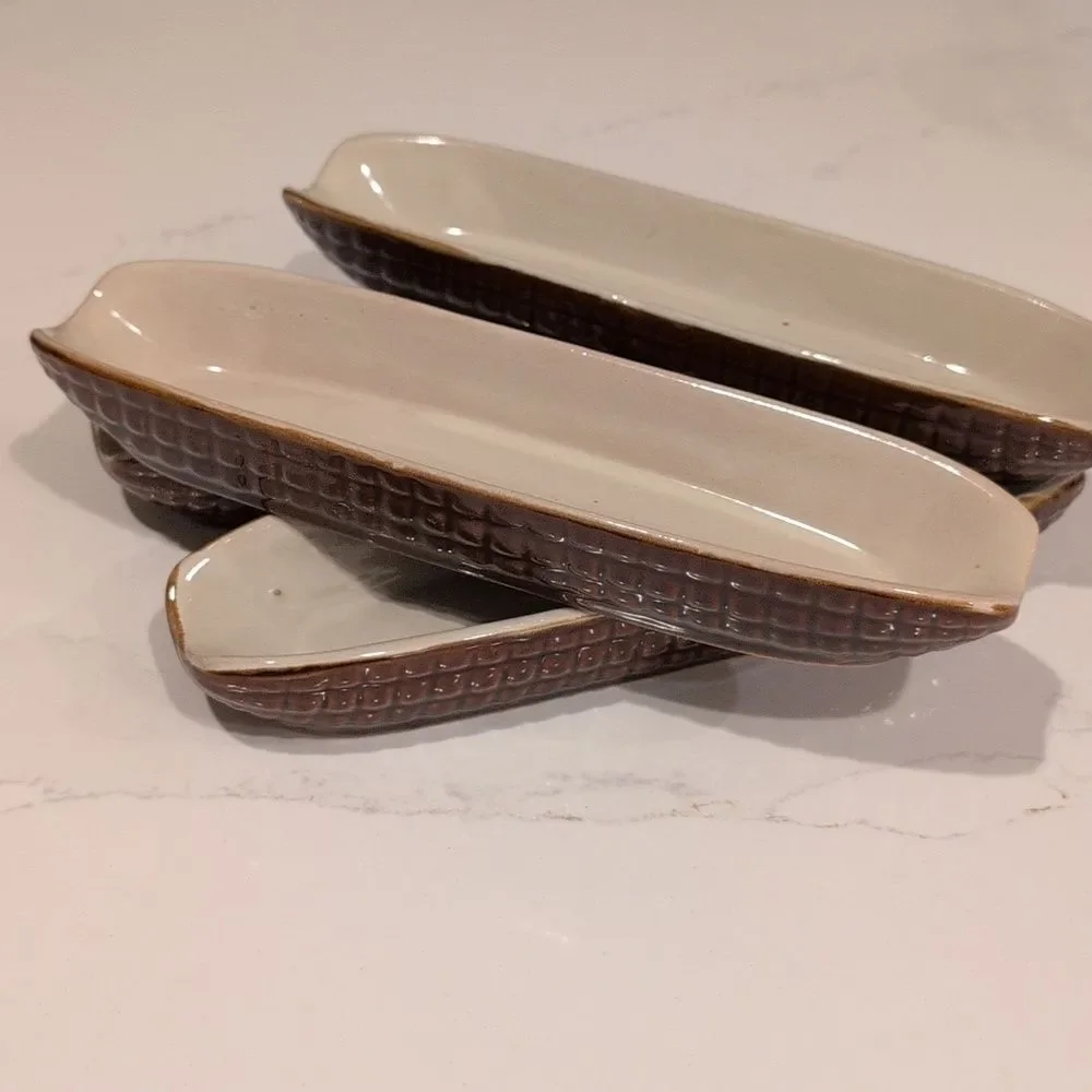 Vintage MCM Brown & Cream Ceramic Corn Dishes Set of 4